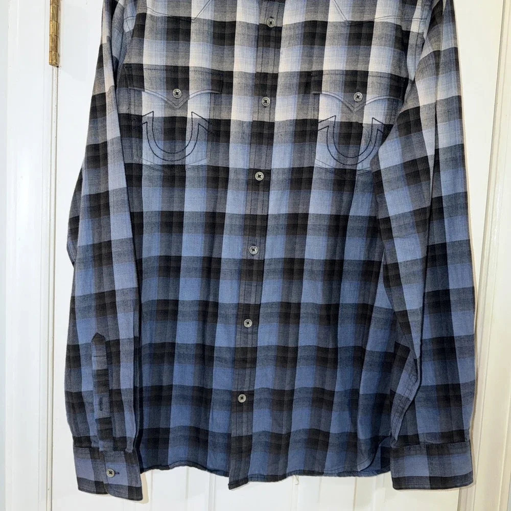 True Religion Shirt‎ Mens XL Plaid Button Up Long Sleeve Embroidered Slim